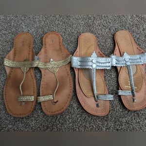 2 pairs Indian toe post sandals leather gold & silver 8